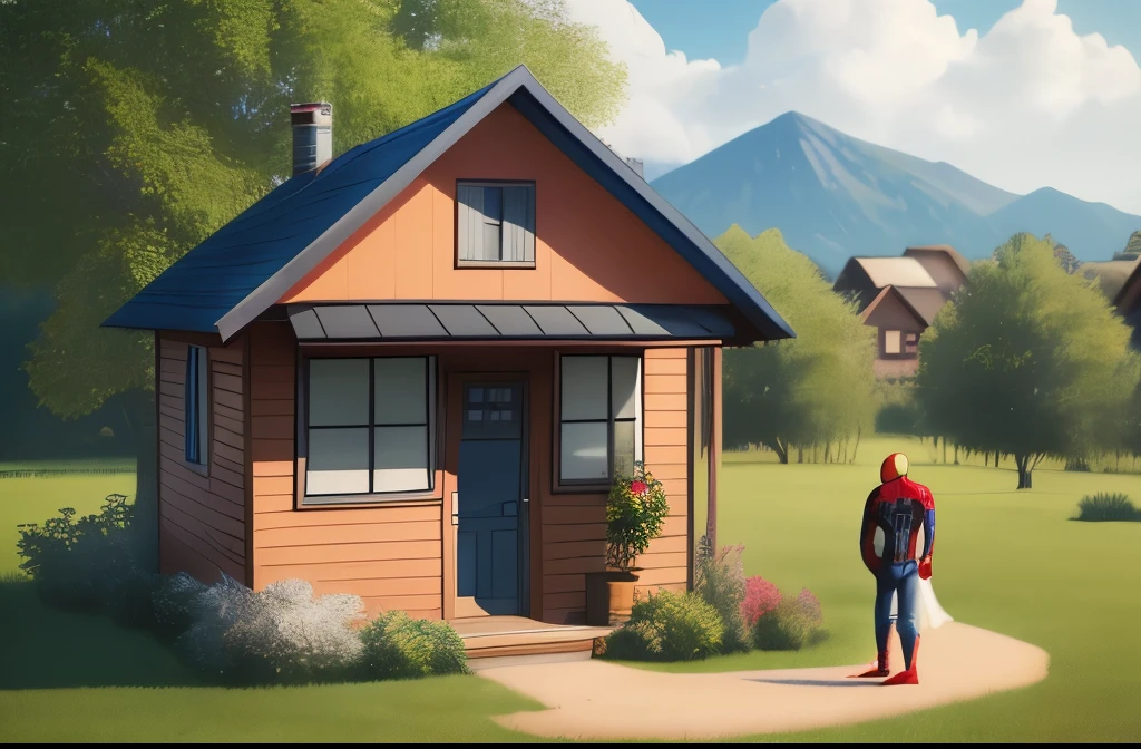 Spider-Man Superhero lives in a small house with his wife and children. He has a beautiful wife and two children. There is a rural environment.