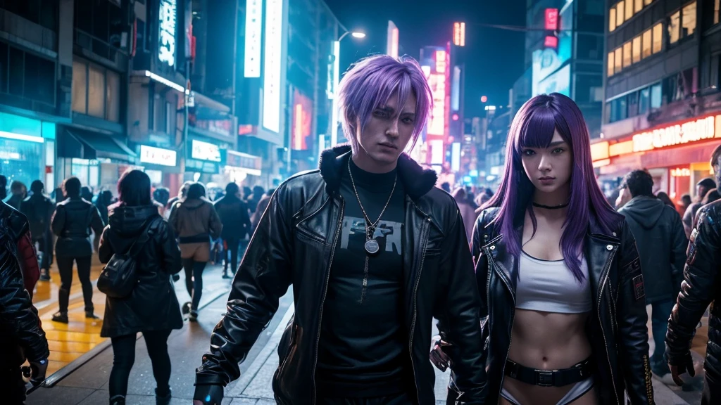 [Ultra-realistic][Cyberpunk-style] Ultra-realistic images of reality. Cyberpunk-style world. The protagonists win in battle royale or PVP and are excited to the max. Images of partygoers. The protagonist is a super beautiful woman with purple hair. Her companions are a vicious bear, a vicious rabbit, a golden-haired monkey, and cyberpunk-style cyborgs. The other characters are cyberpunk-style cyborgs. Created with a super-realistic feel like in the movies.