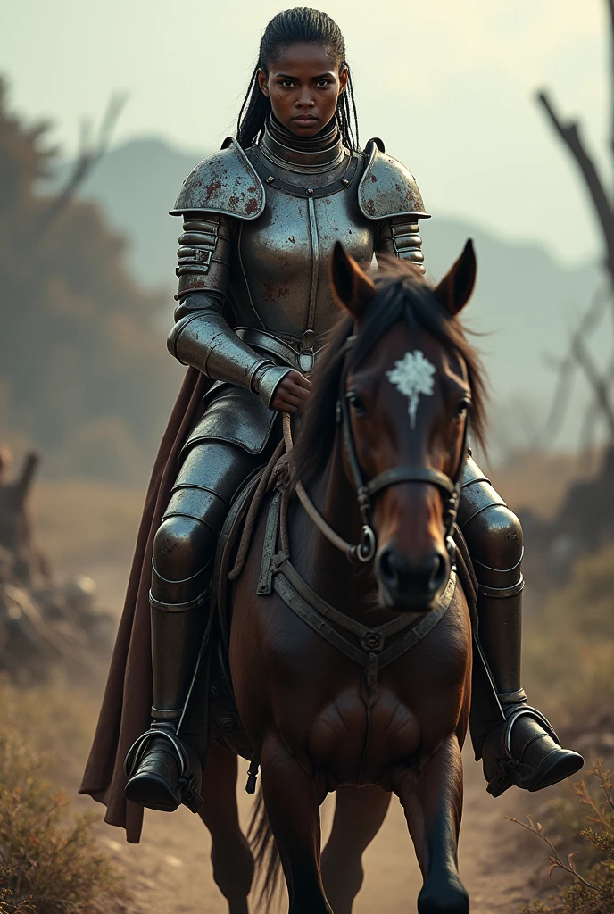 A black woman knight on a horse tired and dirty after the battle