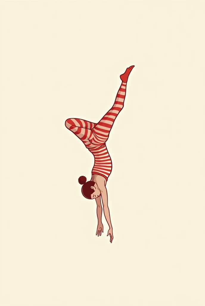 A simple side view logo of a circus arealist wearing red stripe overall hanging upside down