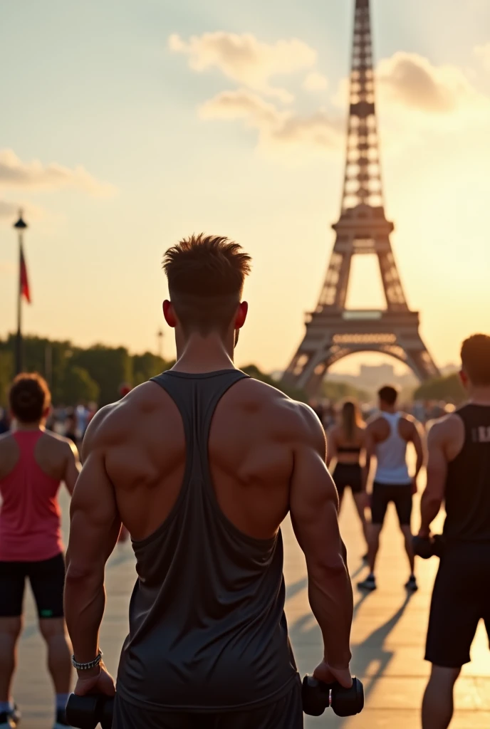 Peux-tu me réaliser une photo d’un cours collectifs de CrossFit à Paris, with a nice sun with a male back Coach with a background the Eiffel Tower can you put these people doing sports with dumbbells