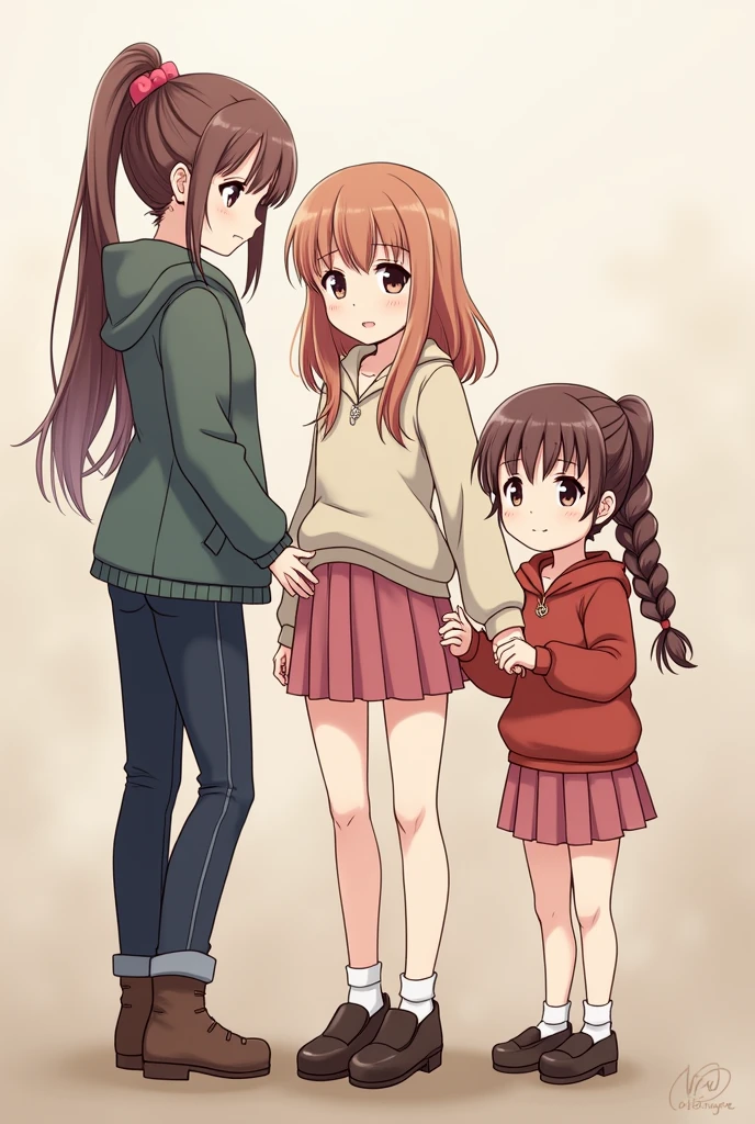 One tall girl with pony tail second girl with medium height and long hair braid third girl short with braid hair anime girls friends 