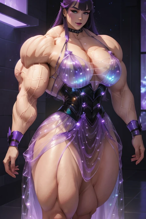((Close-up)), tall, (violet purple hair) beautiful muscular woman, long hair with long bangs, pale white skinned, large breast, closed smile, (black lipstick), (massive muscles), (hyper muscle), (((ginormous bulky muscles))), black eyes, (((violet Bioluminescent dress))), (Bioluminescent gloves), Bioluminescent choker, high heels, in a mystical world