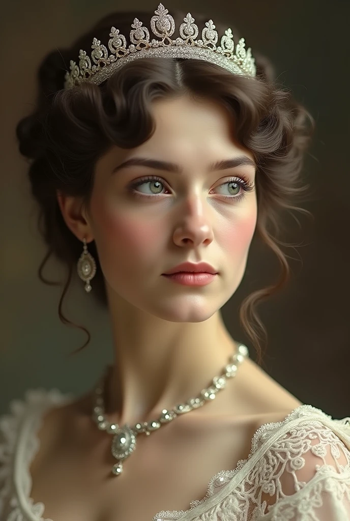 a close up of a woman wearing a tiara and a necklace, a beautiful victorian woman, 1900’s photo”, victorian lady, early 1 9 0 0's, art nouveau portrait, victorian female portrait, vintage closeup photograph, hand - tinted, vintage photograph, vintage old photo, 1 9 1 0 s style, victorian photo, vintage postcard, vintage color photo