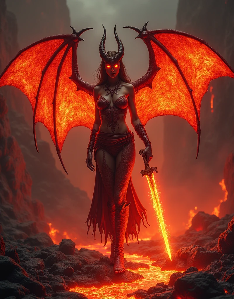 Rihanna hyper-giant, Hyper-powerful demon with two demon horns on his head and demon wings, Purple lightning fire on a building and shatters buildings , ville en ruine post apocalyptique,