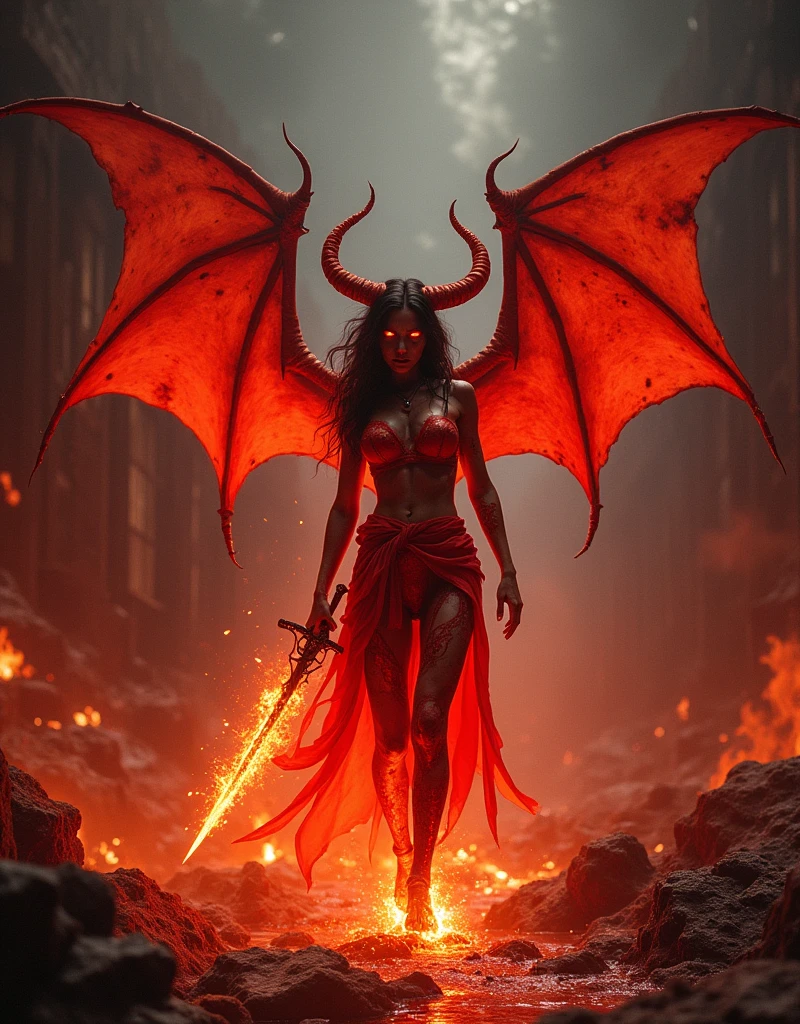 Female lava demon,Dark fantasy setting,Red Eyes,Blazing Devil Wings,sharp corners,Red Lava Skin,Sinister atmosphere,Smoke and flames filled the air,holding a sword with flames,Cast Shadows, Scorching heat,Ruins in ruins,Standing on a river of molten lava,Dim Lights,Red and orange palette,Steaming,Swallowing darkness,Supernatural powers