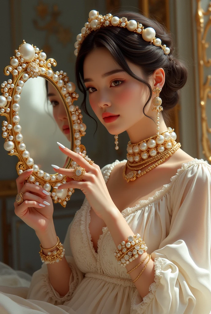 someone holding a mirror with perlas and a ring on it, perlas, collar de perlas, gold and perlas, real perlas, jewelry perlas, perlas and gold chains, perlas and chains, strings of perlas, perla japonesa simétrica, pearlescent, perlas and shells, opulent collar de perlas, blanco nacarado, gargantilla de perlas, gold and collar de perlass
