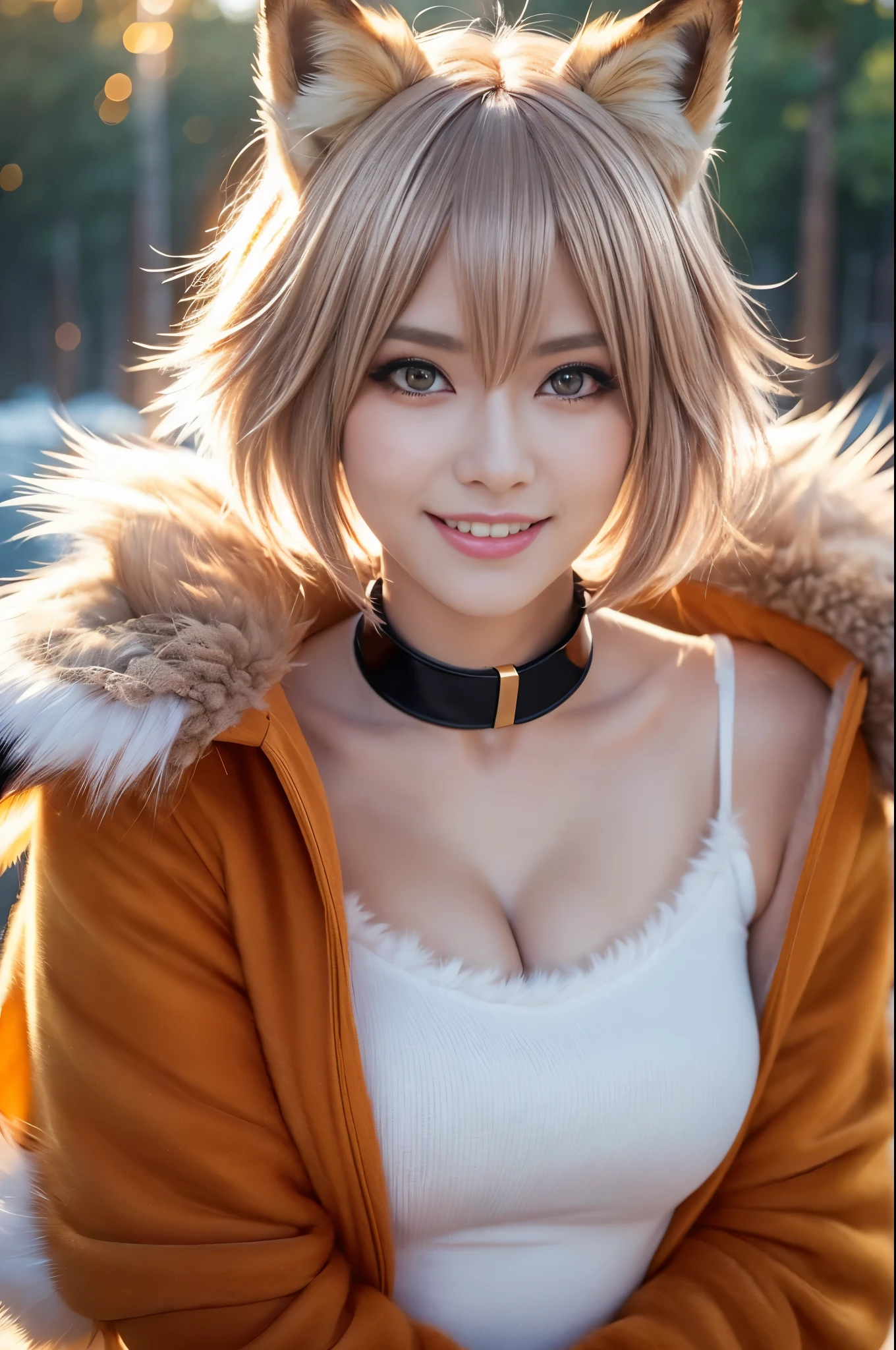 sexy swedish model, (-anime), only 1 model, very short hair, beautiful smile, lip-gloss, long lashes, defined eyebrows, long fur fox color scheme, ((long fur fox cosplay)), fox ears, fox tail, fox choker, look at the camera, cinematic light, (sparkling long fur background), sweet and sexy pose