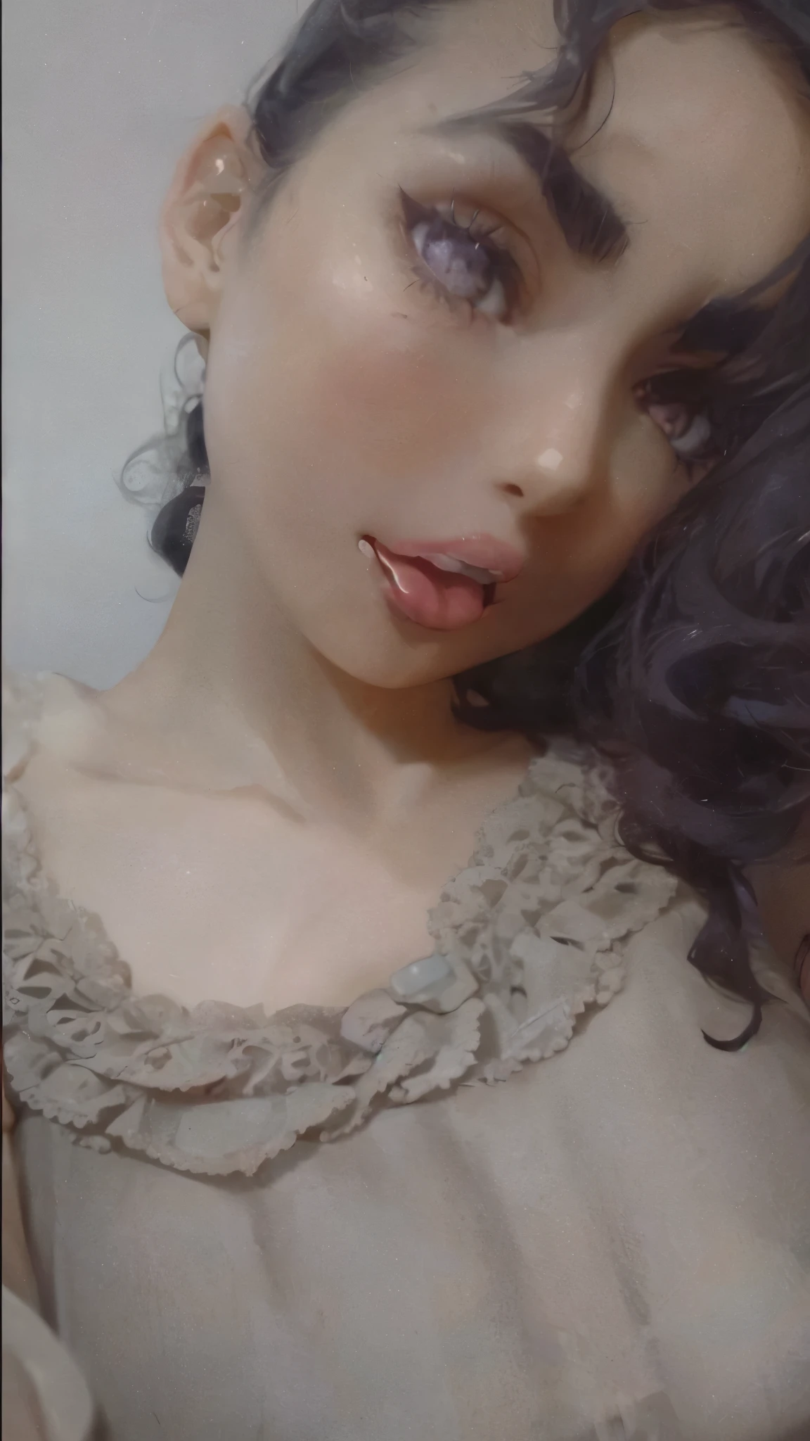 Happy anime girl, black hair, black eyes, lust , open mouth, big tits, tongue sticking out of the mouth