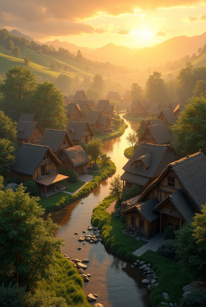 A village with many houses and sun rise  in realistic style 