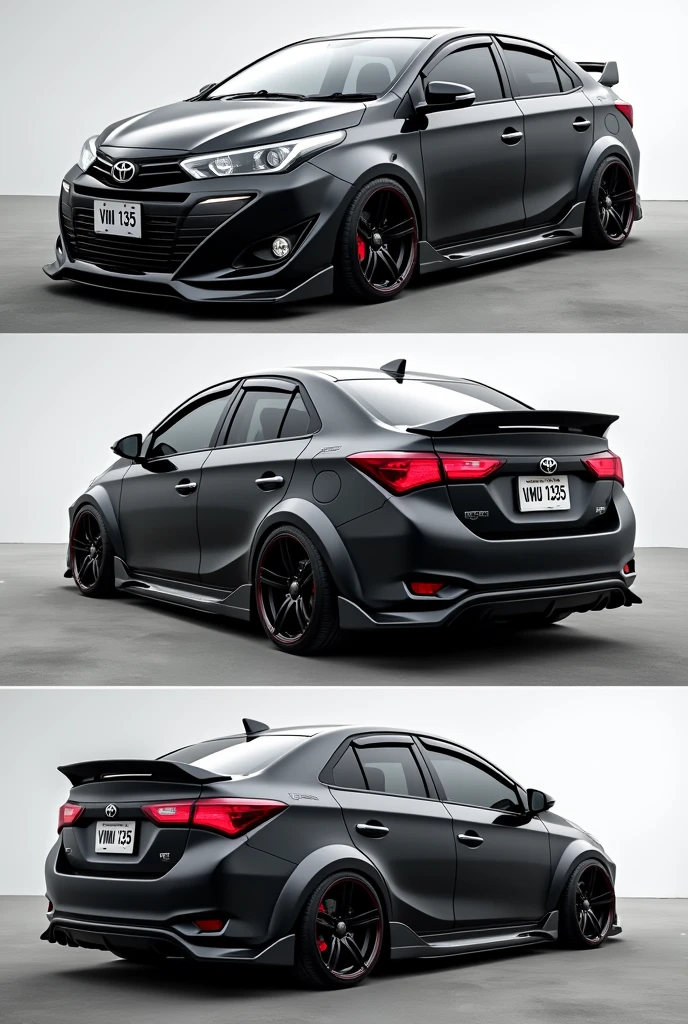 Create a modern widebody kit black toyota vios based on latest gen of vios with license plate Vmu 133 5 showing front side, back side and side view in grid pictures