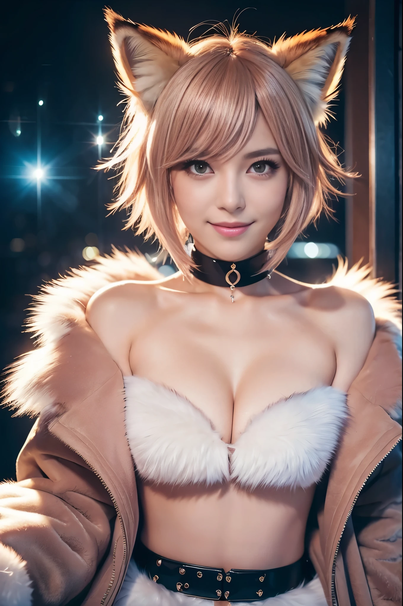 sexy swedish model, (-anime), only 1 model, very short hair, beautiful smile, lip-gloss, long lashes, defined eyebrows, long fur fox color scheme, ((long fur fox cosplay)), fox ears, fox tail, fox choker, look at the camera, cinematic light, (sparkling long fur background), sweet and sexy pose