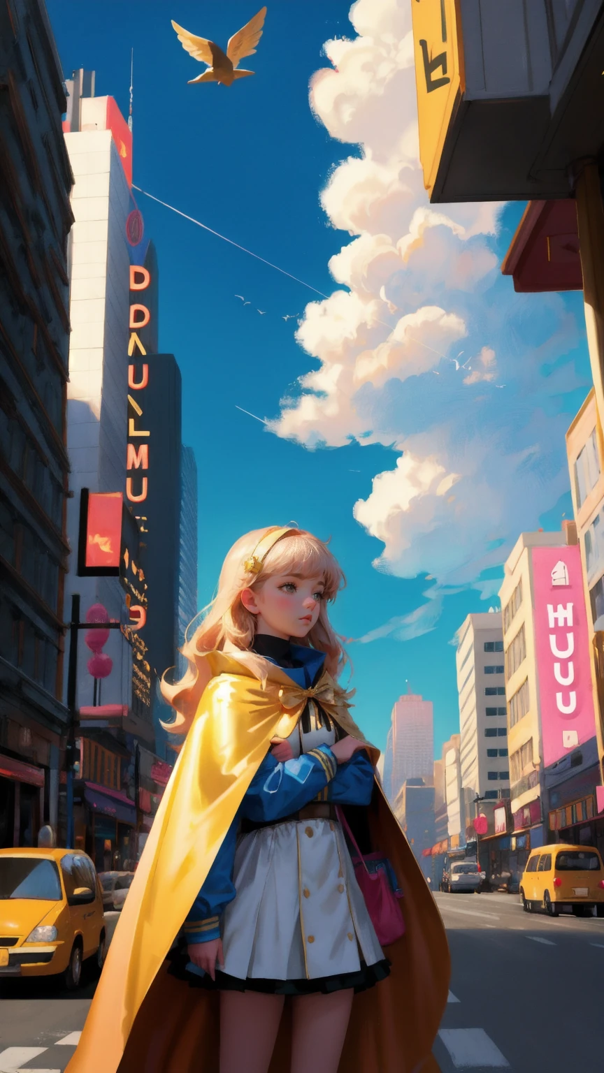 A beautiful, cute girl dressed as a superhero with a golden cape, in a busy city street. She is using a vacuum labeled 'FUD BUSTER' to up clouds of doubt and fear, which appear as various comical and exaggerated objects, animals, and even a bus floating in the air. The buildings on either side create a sense of depth and movement, with a surreal and whimsical atmosphere in a photorealistic style.