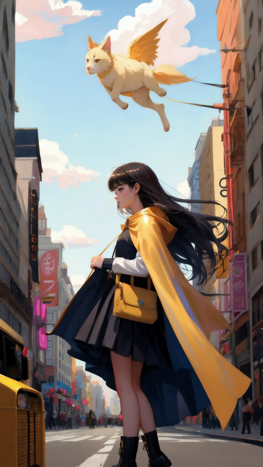 A beautiful, cute girl dressed as a superhero with a golden cape, in a busy city street. She is using a vacuum labeled 'FUD BUSTER' to suck up clouds of doubt and fear, which appear as various comical and exaggerated objects, animals, and even a bus floating in the air. The buildings on either side create a sense of depth and movement, with a surreal and whimsical atmosphere in a photorealistic style.