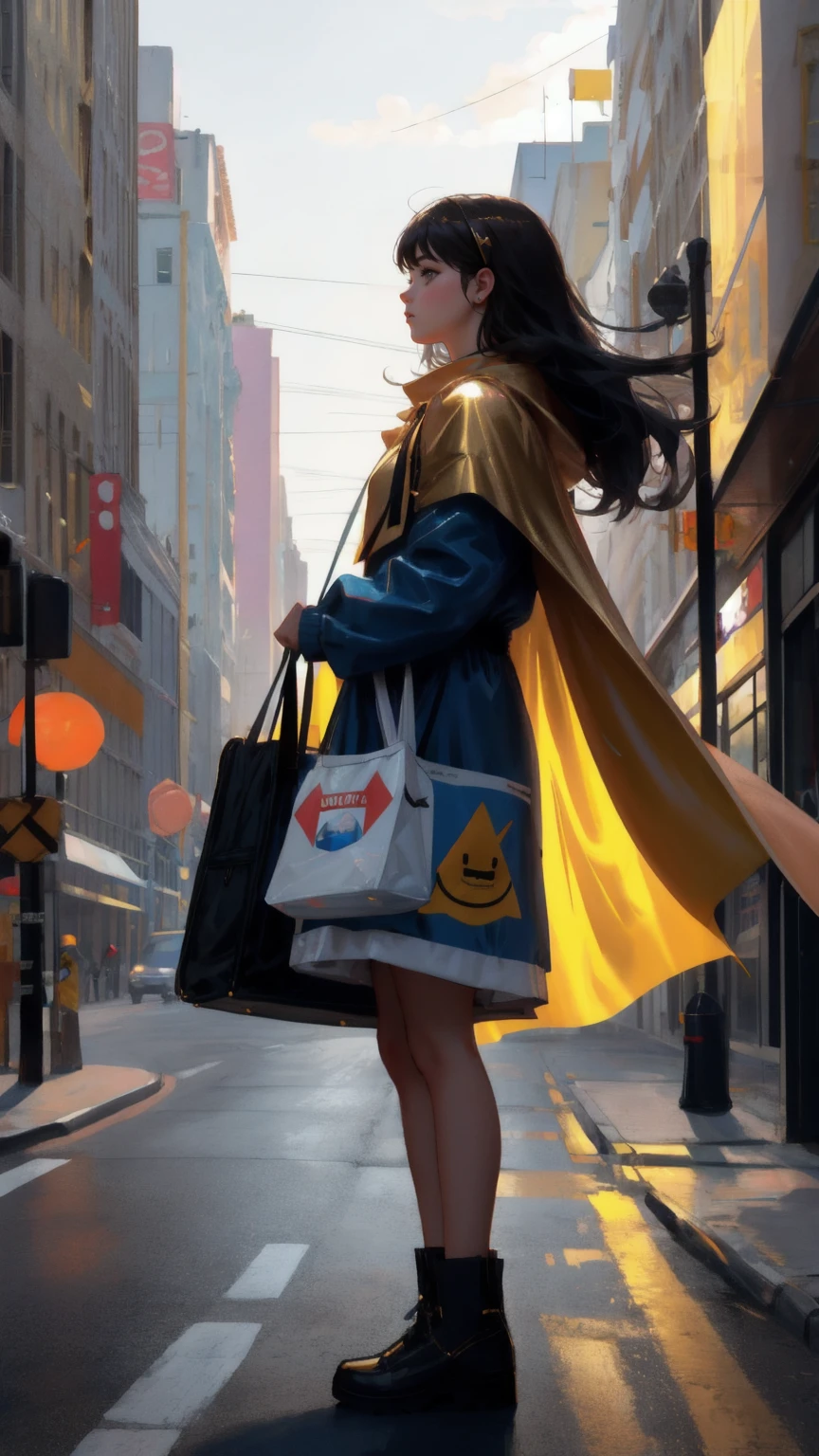 A beautiful, cute girl dressed as a superhero with a golden cape, in a busy city street. She is using a vacuum labeled 'FUD BUSTER' to suck up clouds of doubt and fear, which appear as various comical and exaggerated objects, animals, and even a bus floating in the air. The buildings on either side create a sense of depth and movement, with a surreal and whimsical atmosphere in a photorealistic style.