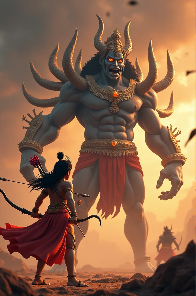 In cinematic 3d cartoon style "Create an image of the epic battle between Lord Ram and Ravan from the Ramayana. The scene should depict Lord Ram, a divine figure with a calm yet determined expression, wielding his bow and arrow aimed at the demon king Ravan. Ravan, a towering figure with ten heads and multiple arms, should appear powerful yet increasingly desperate as Ram's arrows strike him. The background should be set in an ancient battlefield with a smoky sky, and Hanuman can be seen in the distance, ready to assist Ram. In the foreground, one of Ram's arrows should be shown targeting the navel of Ravan, symbolizing the crucial moment leading to Ravan's defeat."