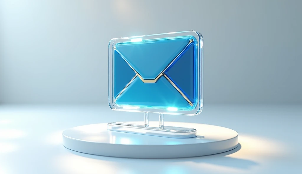 ((photorealism:1.2)), Blue and gold mail icon, stand angle, float on a futuristic display stand, many details, octane render, futuristic style, transparent glass texture,frosted glass, transparent technology sense, industrial design, white background, studio lighting, sunshine, flat, minimal, quasi-object, axisymmetric, blender, C4D, best quality, 4k