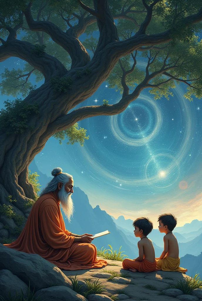 bhaghwan valmiki teaching luv kush in front
under the tree
in cosmic
background