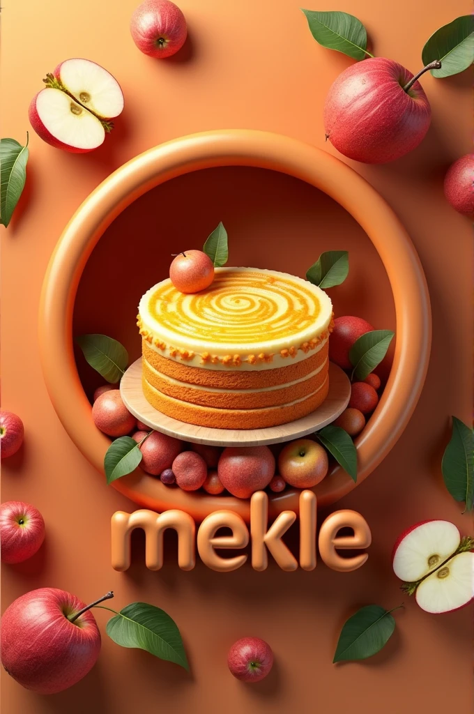 3d text logo that says “MEKLE” at the bottom, with traditional Malaysian cake, namely cekmek cake, inside the circle, decorated with sweet potatoes and apples