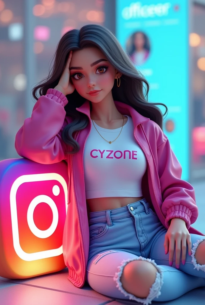 (photorealism:1.2), beautiful woman,
Create a 3D illustration of a young woman with long hair and brown eyes, who wears a casual outfit consisting of a fuchsia jacket with the CYZONE logo, a WHITE t-shirt and some light blue ripped jeans. It's resting playfully on the Instagram logo, which is slightly tilted to one side. The background is a social media profile page with the username "officer" which is prominently displayed at the top and
