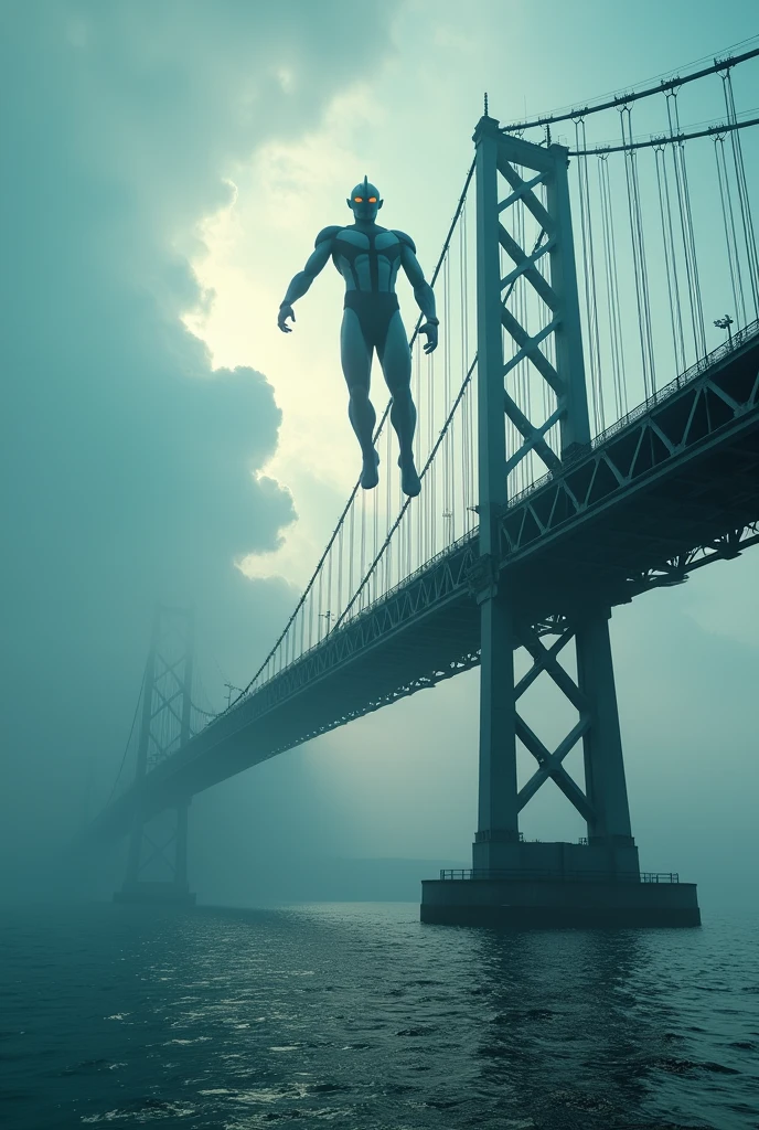 a dramatic scene of the. Pulau pinang iconic bridge., viewed from the road, with ultraman hovering over the structure, (best quality,4k,8k,highres,masterpiece:1.2),ultra-detailed,(realistic,photorealistic,photo-realistic:1.37),dramatic lighting,cinematic composition,epic scale,mist,dramatic sky,azure water,dramatic clouds,detailed architecture,metallic bridge,ultraman flying,ultraman floating,ultraman silhouette,ultraman pose,ultraman details,ultraman energy,ultraman power