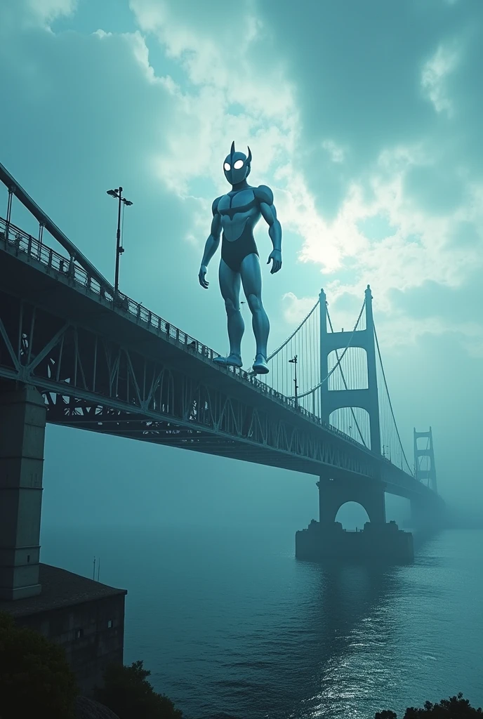a dramatic scene of the. Pulau pinang iconic bridge., viewed from the road, with ultraman hovering over the structure, (best quality,4k,8k,highres,masterpiece:1.2),ultra-detailed,(realistic,photorealistic,photo-realistic:1.37),dramatic lighting,cinematic composition,epic scale,mist,dramatic sky,azure water,dramatic clouds,detailed architecture,metallic bridge,ultraman flying,ultraman floating,ultraman silhouette,ultraman pose,ultraman details,ultraman energy,ultraman power