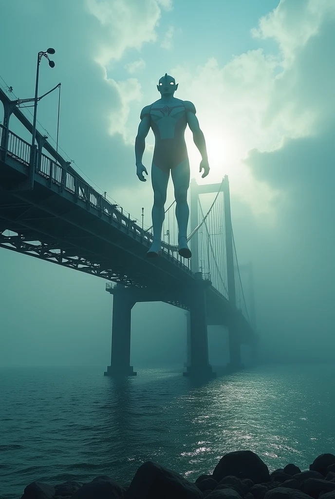 a dramatic scene of the. Pulau pinang iconic bridge., viewed from the road, with ultraman hovering over the structure, (best quality,4k,8k,highres,masterpiece:1.2),ultra-detailed,(realistic,photorealistic,photo-realistic:1.37),dramatic lighting,cinematic composition,epic scale,mist,dramatic sky,azure water,dramatic clouds,detailed architecture,metallic bridge,ultraman flying,ultraman floating,ultraman silhouette,ultraman pose,ultraman details,ultraman energy,ultraman power
