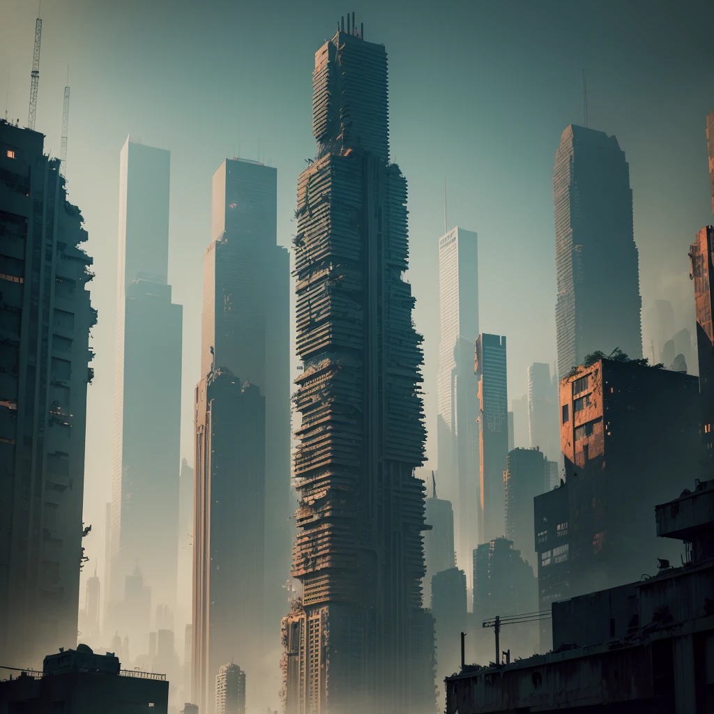 A city between the hands in construction and destruction by society, detailed cityscape, futuristic architecture, crumbling buildings, contrasting styles, urban decay, abandoned and overgrown areas, towering skyscrapers, neon lights, cinematic angle, dramatic lighting, surreal atmosphere, moody colors, dystopian