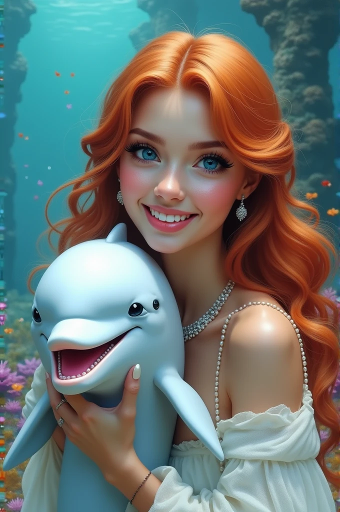 Beautiful orange-haired woman with realistic blue eyes and long eyelashes and beautiful makeup, like she's 30 years old, long, thick hair with curls and a beautiful smile, dressed in white with pearl and diamond jewelry, with a beautiful white dolphin with a pink tongue and a smile on her arms and a seabed with corals and pearls, all very colorful.
