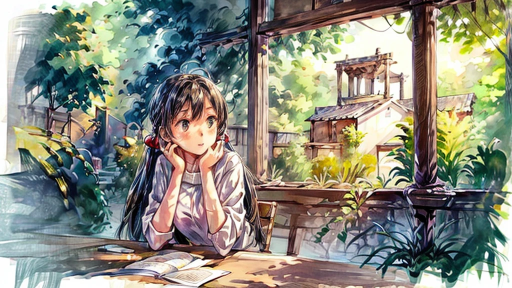 A ponytailed student girl is studying by the window in a cafe on an autumn evening
