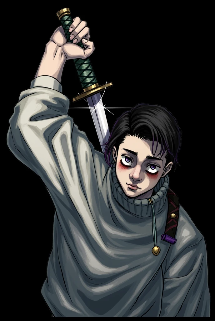 anime style, 16K, a high resolution, Best quality, high quality, super detailing, high detail, accurate, masterpiece, uhd, 1male, teenager boy, violet pupils, wide white turtleneck, violet hair, short hair, slicked back hair, menacing calm look, black and violet katana on back, hold katana, look at the viewer,