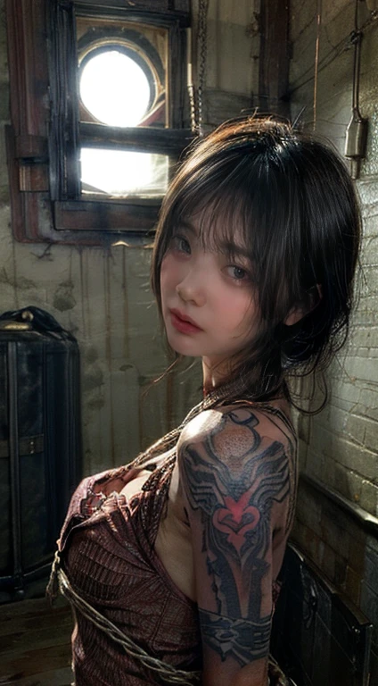(Highest quality, masterpiece, Very detailed, Ultra-high resolution, Realistic, RAW Photos, Confused, Absolute Resolution:1.5), (Realistic:1.4),Browsing Caution, 2 women, 20-year-old female, Two contrasting women、Japanese, Realistic lighting, Backlight, Facial Light, Ray Tracing, (thin:Weight 1.0), Small breasts, Glowing Skin, Sharp details, 超Realistic, Fine and beautiful skin, Browsing Caution,((shibari)),((Place your arms behind your back, Cowgirl)),(((Completely tied up)))), ((Pillory)),Inhibition, (torture chamber, prison:1.5), (((From below:1.5, Looking at the audience:1.3, close))), (((Frowning、Open your mouth))),, ((Bob Hair, short hair, Straight hair, bangs:1.3, Brown Hair)), (NUDE), Highly detailed face and skin texture, Bondage, slave, Bondage,((Face close-up:1.2)), ((Arms covered in tattoos:1.2)), ((His chest is covered in tattoos:1.4)),((A body covered in tattoos:1.2)), ((A body covered in tattoos:1.4)),(Dragon Tattoo),(Bishamonten tattoo),Dungeons, (At night:1.2), fireplace, Warm Light, Dramatic Light, cinematic, (close:1.2), Bondage, Bondage, Bondage Dungeons, conversion, constrained, bound, Tied up, Constrained arms, Constrained hands, Fully constrained, Constrained body, bound with chains, bound hands, Black Hair, blush, Bondage outfit, Bondage,((I have both)),((The penis is growing)),((ejaculation)),((Rubbing the penis)),((Straight erect penis)),Two people hugging each other、