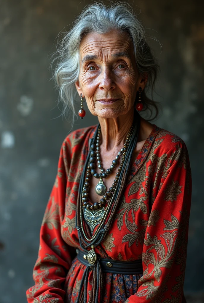 portrait photo elderly woman wearing gipsy outfit