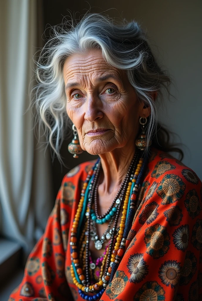 portrait photo elderly woman wearing gipsy outfit