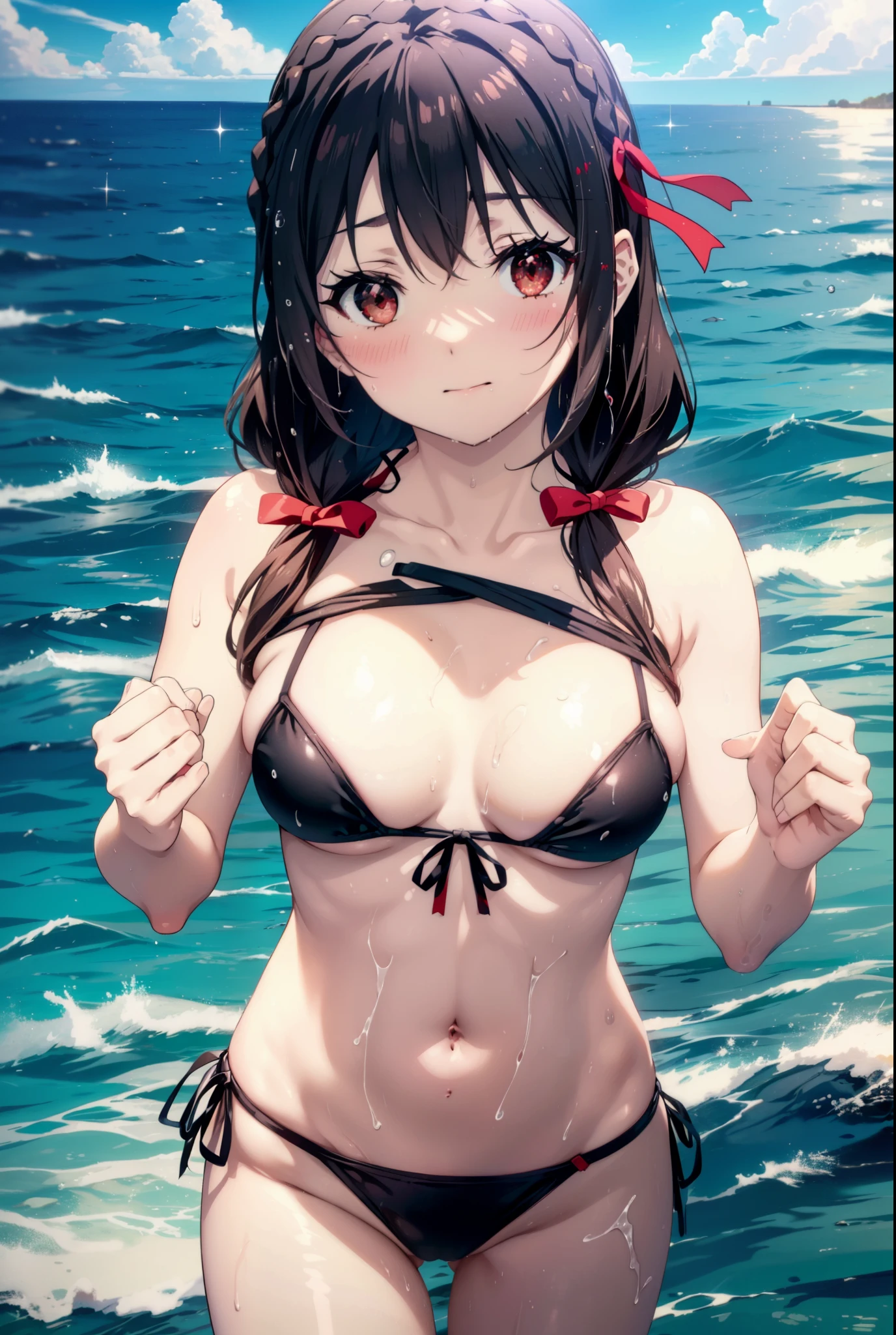 Yunyun, Long Hair, Black Hair, hair ornaments, (Red eyes:1.3), bow, ribbon, Twin tails, Braiding, hair bow, Black string bikini swimsuit,barefoot,Wet swimsuit,Wet Skin,Wet Hair,smile,blush,Open your mouth,Big Breasts,True Summer,Clear skies,Daytime,whole bodyがイラストに入るように,
break outdoors, Ocean,
break looking at viewer, whole body,(Cowboy Shot:1.5),
break (masterpiece:1.2), Highest quality, High resolution, unity 8k wallpaper, (figure:0.8), (Beautiful attention to detail:1.6), Highly detailed face, Perfect lighting, Highly detailed CG, (Perfect hands, Perfect Anatomy),