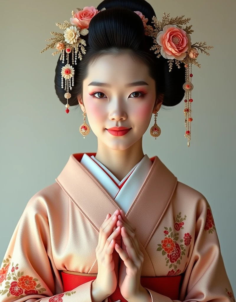 masterpiece, High resolution photos, Beautiful Japanese kimono woman, Her face is richly decorated, Perfect hands, Very beautiful Japanese woman's face, Multiple Fronts, 8k, Ultra-high resolution