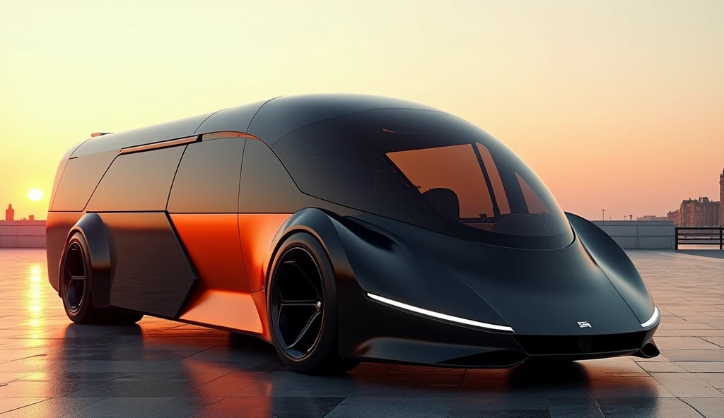 Prototype bus, year 2035, rear line sedan coupe style, cobalt black angular shapes, no rearview mirror, matte orange side skirts, stick rims, front wheels turn, style Ferrari, Lamborghini, in a London setting, soleil couchant, huge esplanade, tinted glass, sporty and racy. photo realistic, high quality hd, 16K, 