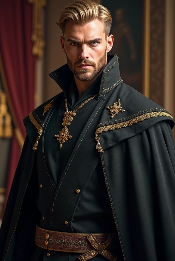 blonde man, blue eyes, short hair, thin beard on chin, wearing black clothes of a noble king, masterpiece, best quality
