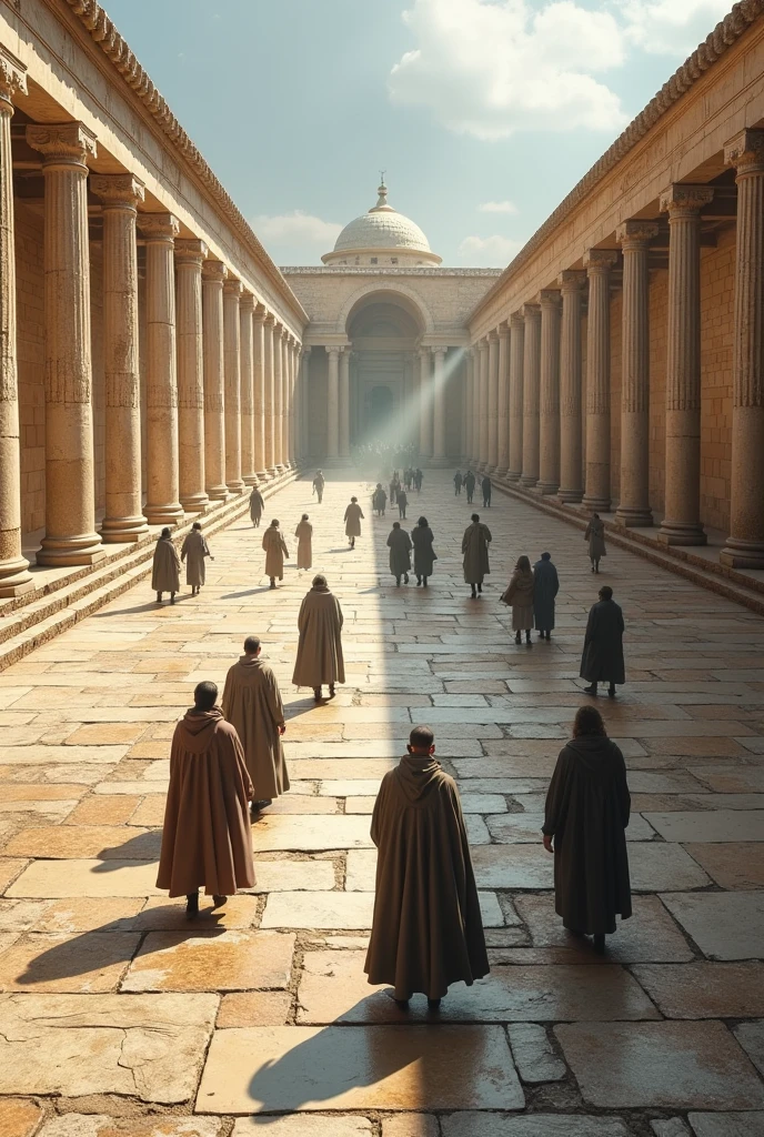 A large stone esplanade, with several Jewish pilgrims dressed in robes and cloaks walking around the place in different directions, and parallel to the esplanade a long stone wall with Corinthian style stone columns