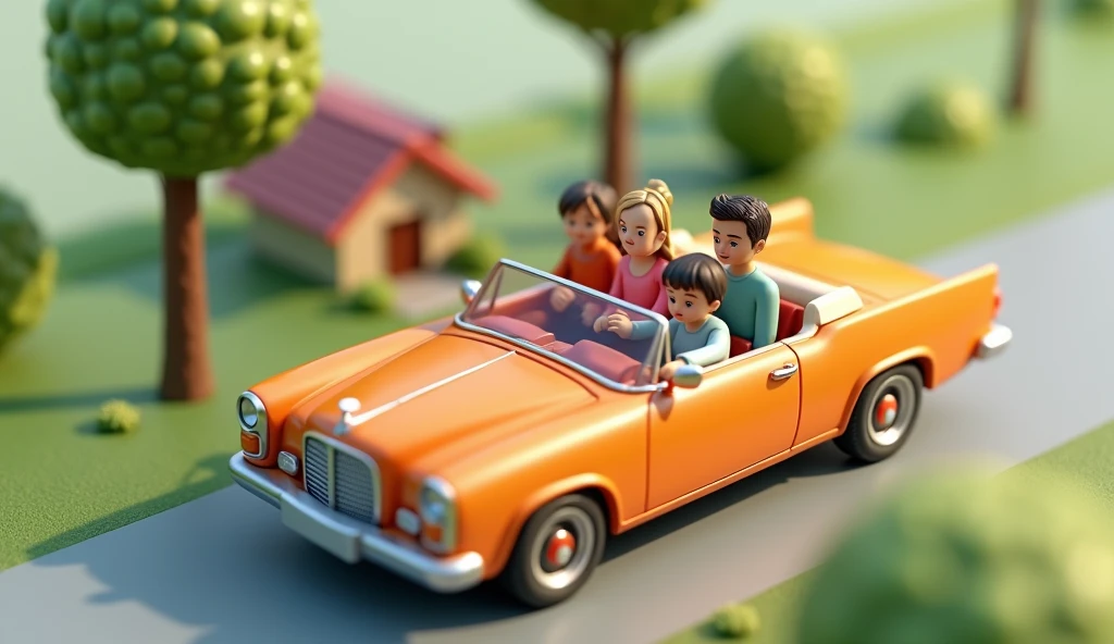 (masterpiece:1.2, best quality,Ultra-high resolution,Very detailed),8K,(wallpaper),(Reality:2.0),(RAW photos:2.0),(Plastic model:2.0),(A family of four traveling by car:2.0),(house,Trees,the way,Relaxed expression,Very simple design),(Isometric 3D perspective model),matte paint