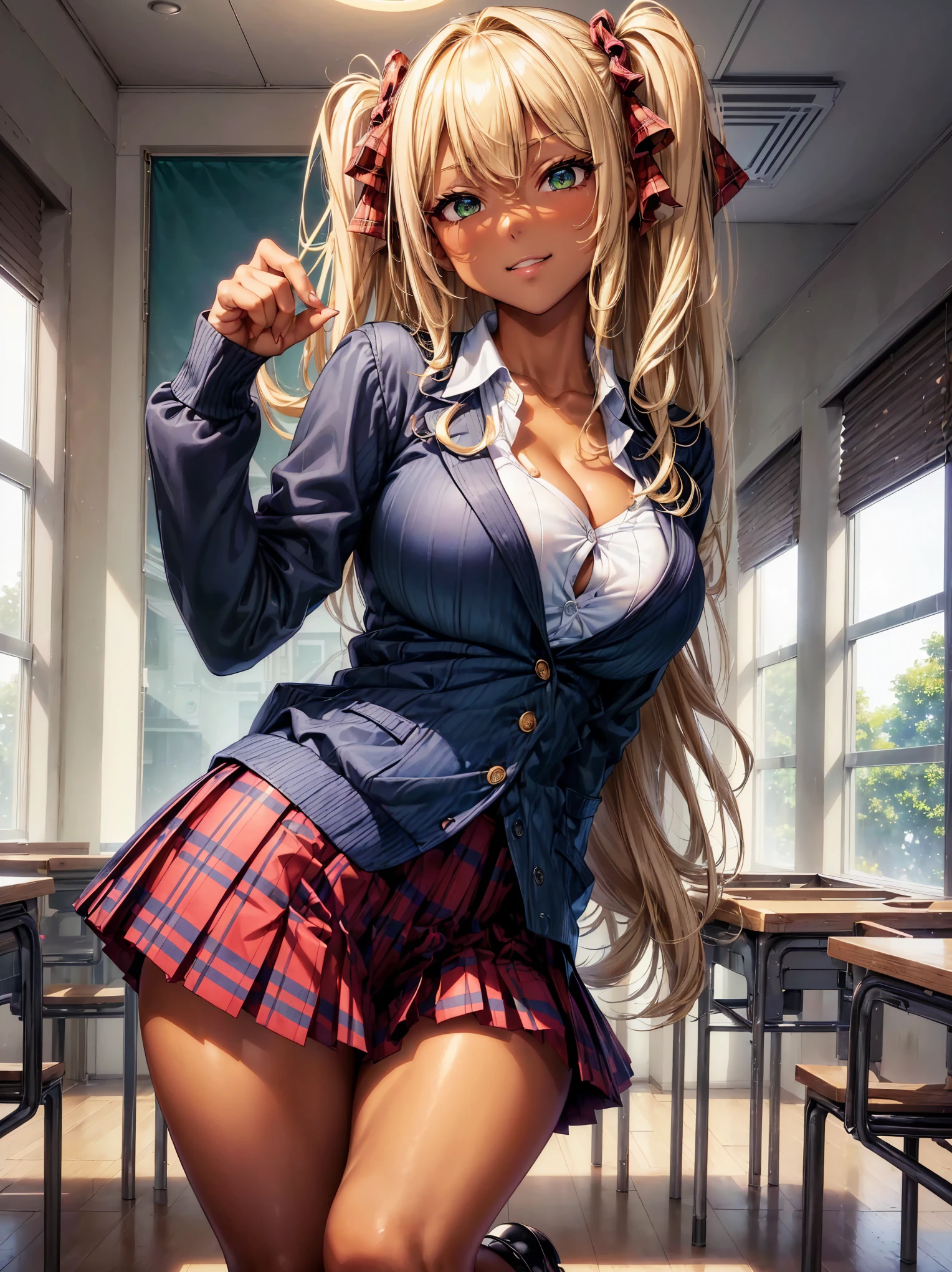 (masterpiece), best quality, expressive eyes, perfect face, (classrom window background), (standing), (smirk), (1girl, kuro gyaru, dark skin Asian, tan skin asian, dark skin, tan skin, tan, bleach blonde hair, bleach blonde hair asian, curly hairstyle with bangs, hair bangs, green eyes, asian eyes, hourglass figure, skinny body, petite_body, short height, large breasts, huge breasts, oppai, thick legs, long fingernails), ((navy_blue_suit_jacket), (white<button_shirt), cleavage exposed, (red_plaid_pattern_pleated_mini_skirt), white stockings, black heels),