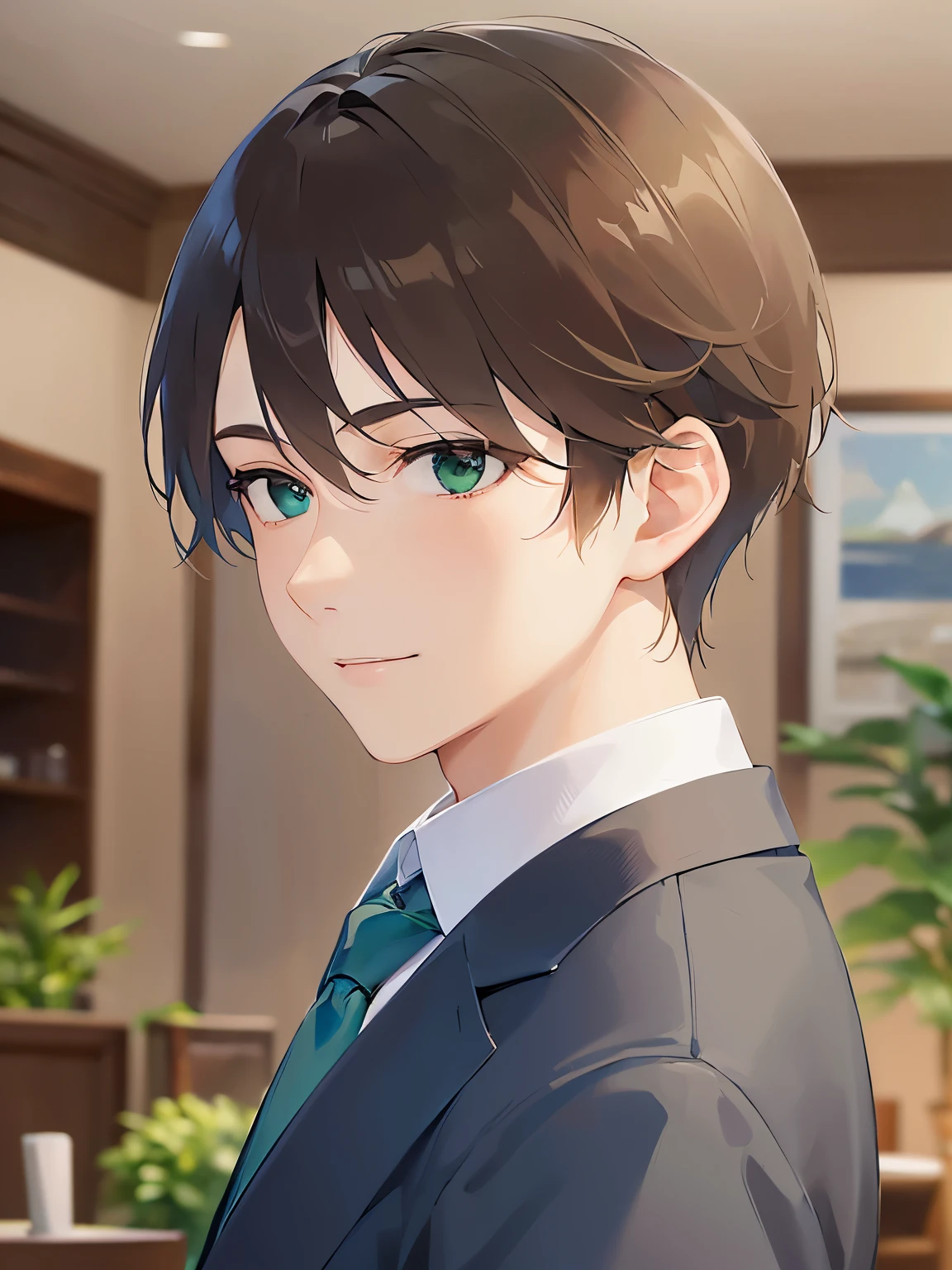 side angle, (looking away:1.5), masterpiece、Highest quality、(2 male:1.5) and (Brown short hair) and (Green Eyes), (suit:1.5) and (Blue tie)、smile, The background is the living room、alone、Are standing