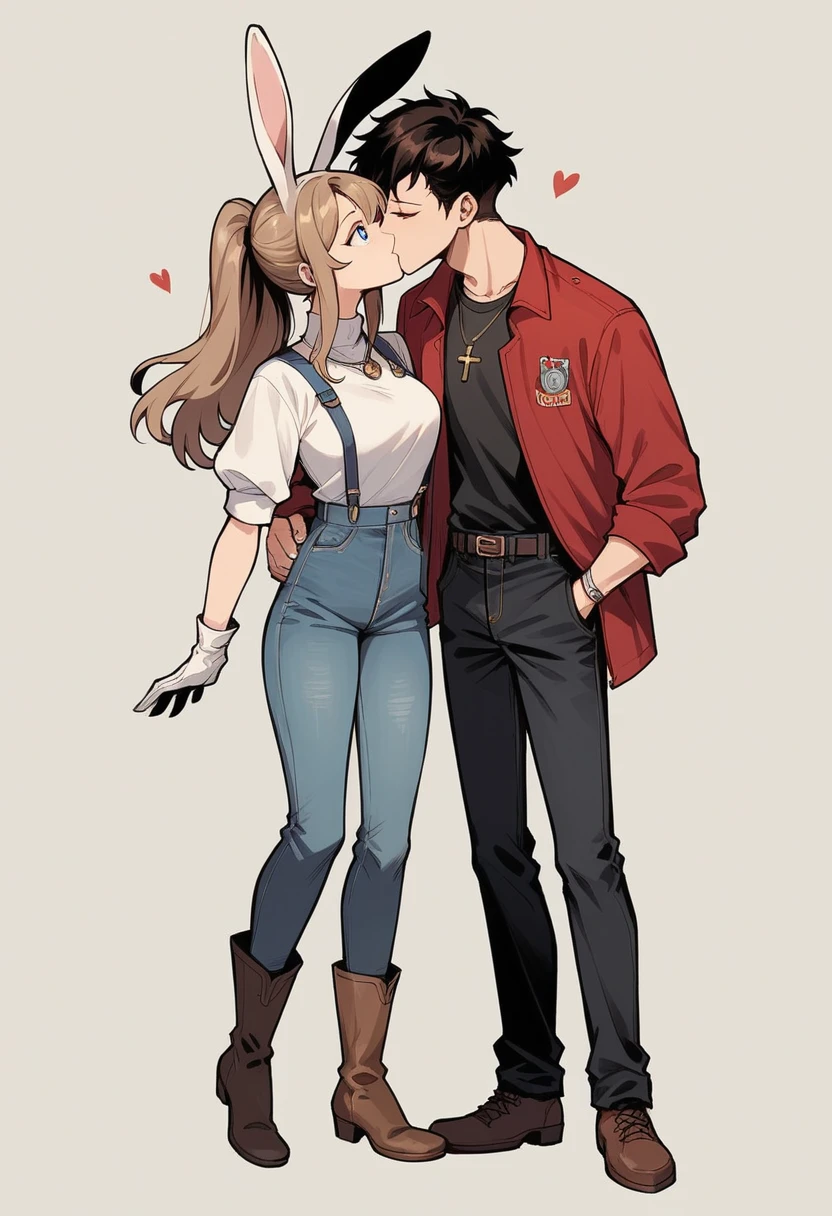 2 people,The first one is a tall girl,Brown hair,pink lock in hair,blue eyes,Nice smile,rabbit ears,medium breasts,light brown sweater,jean suspenders,shorts,cute shoes,kissing a vampire boy,Red eyes, black hair,necklace with a cross, red jacket over a black t-shirt, white gloves, Black pants,hunter boots,2 people