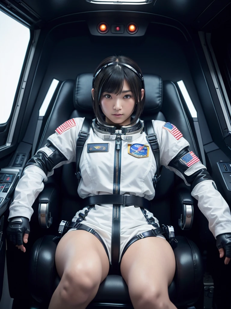 masterpiece, Highest quality, Very detailed, Japanese Android girl, Beautiful Japanese Women, Plump,Control panel,Android,cyborg,Blunt bangs,sitting in the cockpit of a spaceship,astronaut,He is attached to the back of a chair by a thick leather harness.,His arms and legs are tied to a chair with leather straps,