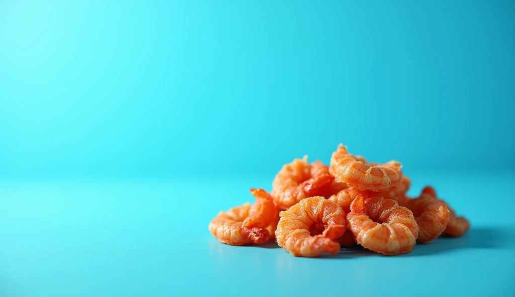 Create a horizontal banner image: 1920px and height: 1080px of dried shrimp in bright ocean blue, The banner image has a few small dried shrimps.. Bright ocean blue banner takes up most of the image area.