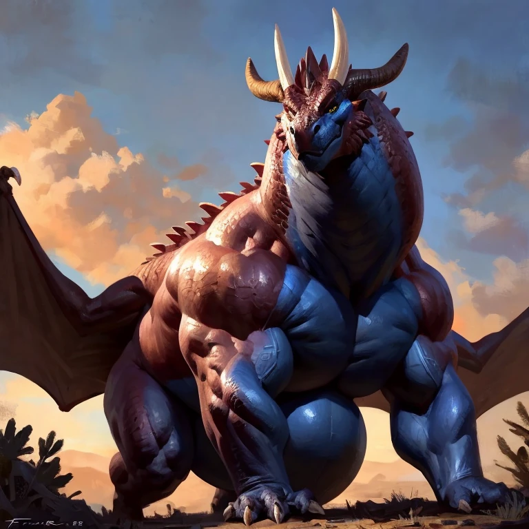 Detailed painting, by Taran Fiddler, closeup, outlook view, wide angle, dragoness, full body, feral, dainty, friendly, colorful, rounded snout, wings, pregnant-like belly, round belly, dominant belly, huge belly, bloated belly, big muscles, wide body, thick body muscles, powerfull muscles, beefy muscles, thick neck, beefy neck, tall, voracious, glutonous, enormous, giant, gigantic, colosssal size, gargantuan, kaiju, powerfull look, badass look, looking at viewer