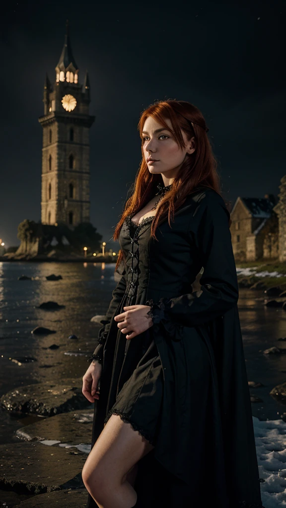 Gothic redhead victorian woman, resting on the shore of an ancient tower, the night while the snow falls