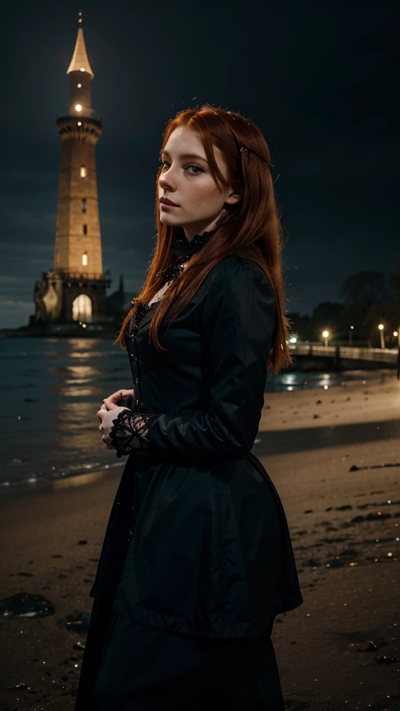 Gothic redhead victorian woman, resting on the shore of an ancient tower, the night while the snow falls