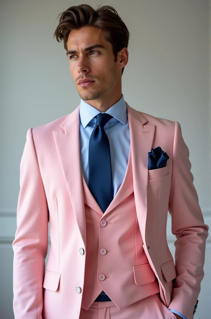 soft pink suit and deep blue tie and handkerchief.