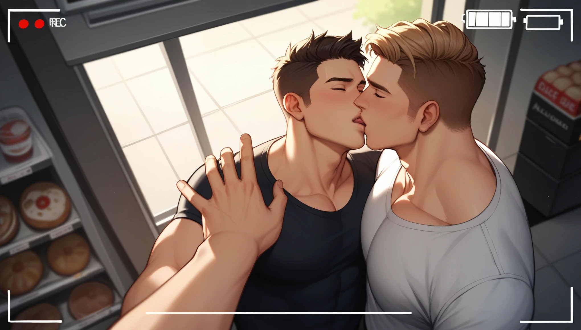 best quality, masterpiece, hyper realistic, extremely detailed, pov from camera viewfinder, high angle, parking lot at grocery department store, gay, homoerotic, two extremely handsome men, kissing, dark cinematic lighting, extremely dramatic shadows, perfect fingers, perfect hands, perfect face, perfection, no signature, no logo